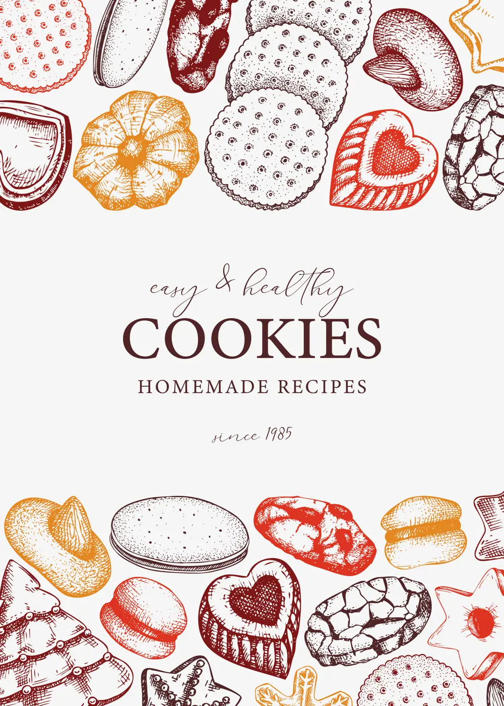 Vector cookies background in sketch style. Bakery shop brochure or card vintage design. Cookies with almond, chocolate, icing, jam, crackers, chips hand drawn illustrations. Pastries banner template Illustration